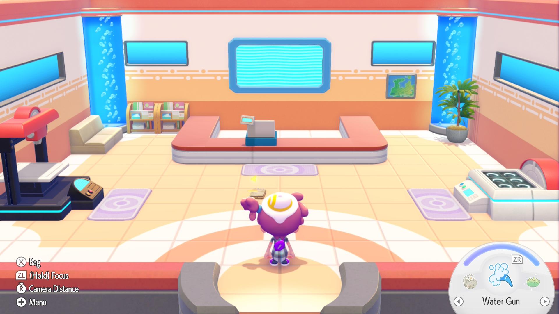 My humanoid ditto standing alone in an empty Pokémon Center