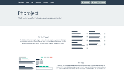 A screenshot of the Phproject landing page, showing some feature examples.